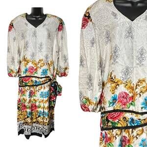 Vintage Diane Freis Skirt Set 80s 90s 100% Silk White Black Multicolor Flowers M